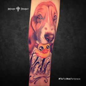 tatuaje de perro, tatuaje de beagle inglés, tatuajes para honrar a tu mascota, tatuajes en el antebrazo, infierno tatuajes