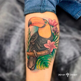 tatuaje grande de tucan a color en pantorrilla